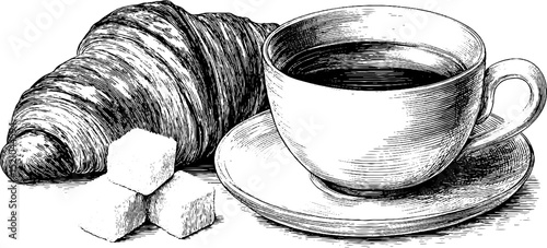 Engraved illustration of pain au chocolat and coffee for breakfast art and design