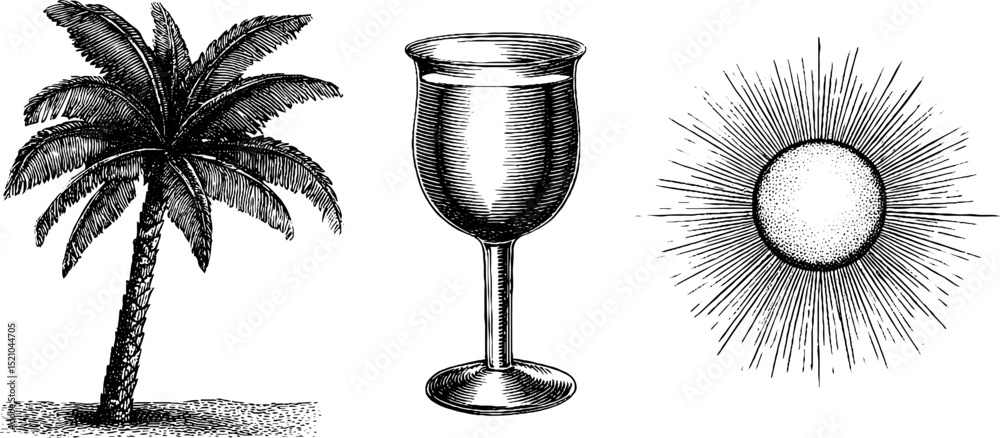 Engraved tropical palm tree, cocktail glass, and sunburst illustration set for design