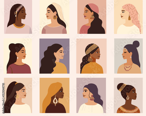 Cultural Beauty: A collection of diverse women, each portrait showcasing unique beauty with various hairstyles, accessories, and skin tones. Celebrating cultural richness and female empowerment.