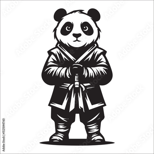 Adorable Panda Ninja Warrior in Traditional Outfit with Katana Sword, Cute Character Illustration