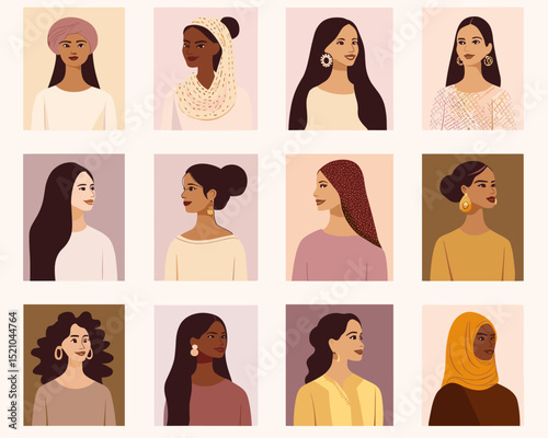 Diverse women portrait: A captivating set of portraits showcases women of various ethnicities and backgrounds. Emphasizing beauty and diversity, each portrait offers a glimpse into unique cultures.