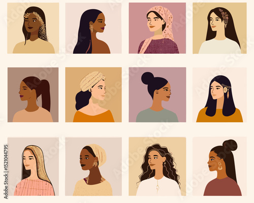 Elegant Portraits of Diverse Women: A captivating display of twelve stylized portraits, each depicting a unique woman, celebrating the beauty of diverse cultures, adorned with elegant attire.