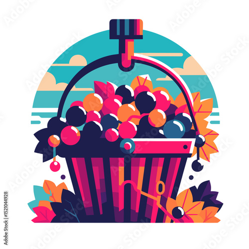 Grape picking bucket illustration filled with colorful fruits on a transparent background