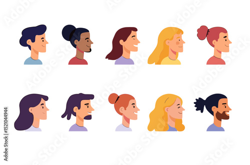 Profile Portraits: A collection of illustrated side profiles of diverse individuals, celebrating unique expressions, each with its own hairstyle and skin tone.