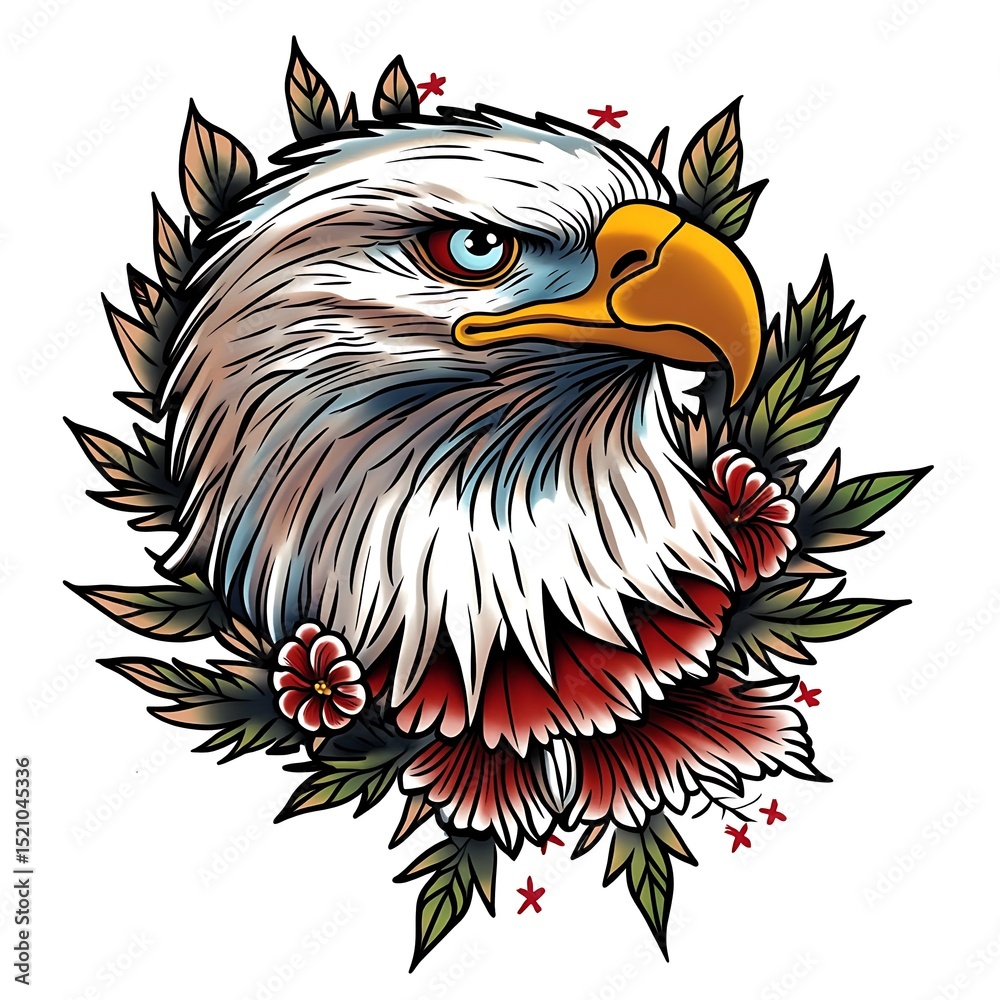 Obraz premium Eagle tattoo featuring detailed wings strong beak and floral accents in vibrant American traditional style image