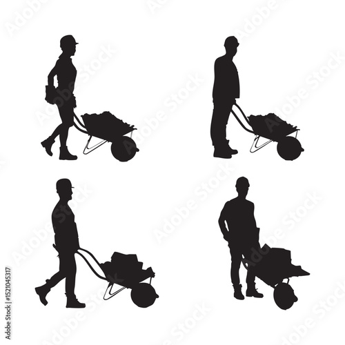 construction worker with wheelbarrow vector silhouette set man carrying loader with goods at warehouse. farmer pushing cart. black illustration isolated on white background