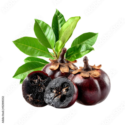 Dark purplish fruits with green leaves sliced fruit showing seeds