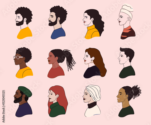 Diverse Profiles: A collection of diverse individuals in profile, showcasing unique styles, and expressions. Perfect for illustrating inclusivity, portrait, individuality, or graphic design.