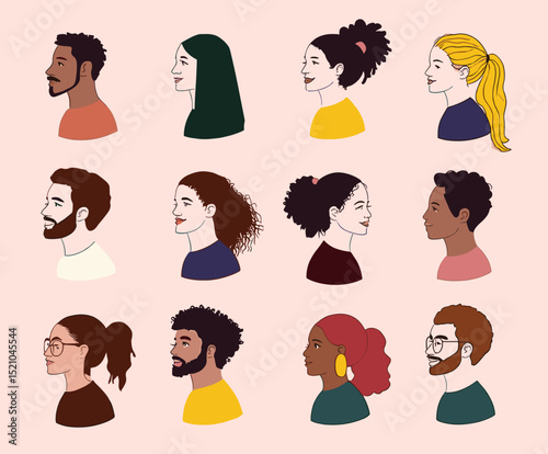 Diverse Profile Portraits: A collection of captivating side-profile portraits, a harmonious blend of diverse individuals, capturing individuality through elegant line art and soft, inviting hues.