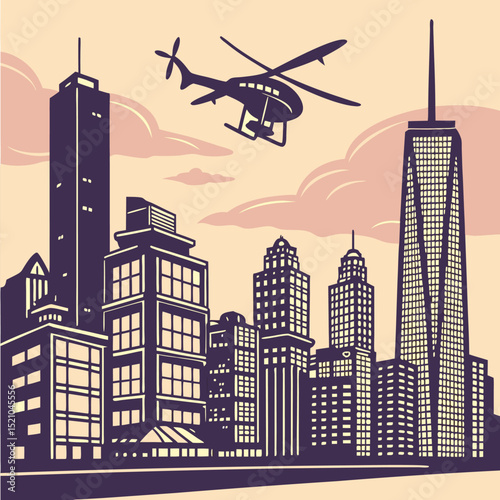 Illustration of a city skyline with tall buildings and a helicopter flying above the skyscrapers