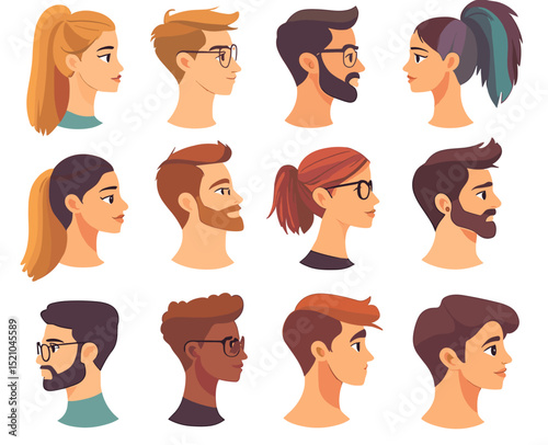 Profile portraits: A collection of diverse profile portraits, showcasing a variety of individuals and expressions, each meticulously crafted in vector art style.