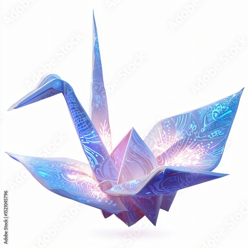glowing patterns emerging from a paper crane as it opens mid-air gently isolated on white background