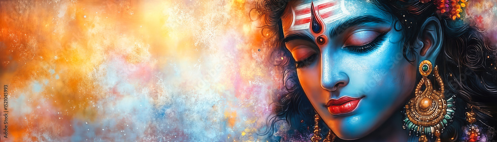 Fototapeta premium Close-up portrait of Hindu god Shiva with blue skin, closed eyes, sacred forehead markings, ornate earrings, vibrant colorful cosmic background, divine tranquility and spirituality concept digital art