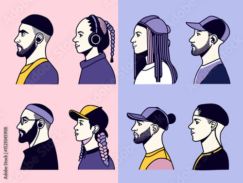 Stylized Portraits: An artistic collection of diverse individuals showcases a variety of cultural and personal styles. Each profile highlights unique expressions.