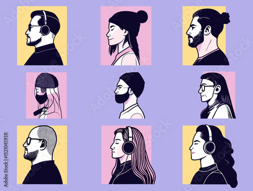 Diverse Portraits: A captivating composition showcases a collection of diverse profile portraits. Each person exudes a unique charm, style, and personality.