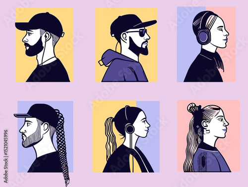 Profile Portrait Collection: A diverse collection of individuals, depicted in striking profile portraits, showcasing various styles, accessories.