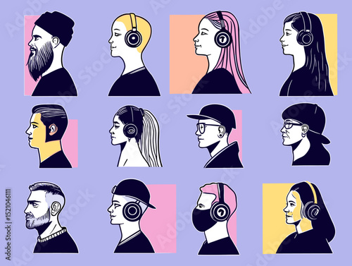 Harmony of sound: Twelve diverse profiles, each wearing headphones, creating a visual symphony of personal style. Each profile a unique portrait of sound.