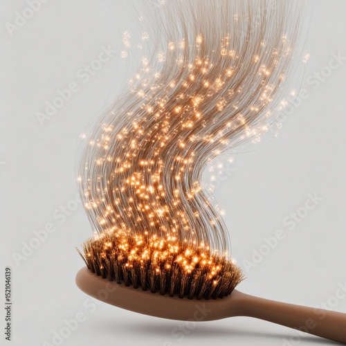 a hairbrush with glowing strands of hair lifting gently upward in slow motion isolated on white background