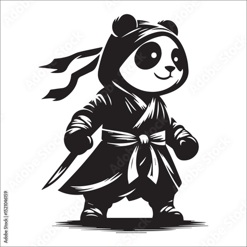 Adorable Panda Ninja Warrior in Traditional Outfit with Katana Sword, Cute Character Illustration