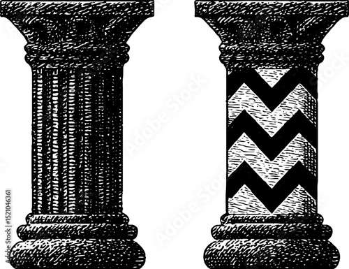Elegant engraved illustration of classical pillars with chevron design