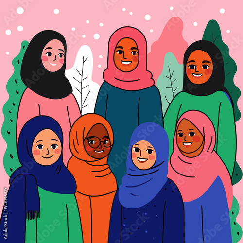 Harmony in Diversity: A circle of diverse women, each veiled in a beautiful hijab, radiate joy and unity against a backdrop of nature's embrace, representing sisterhood and the beauty of togetherness.