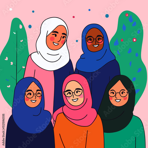 Harmony of Sisters: A group of smiling women wearing hijabs. Representing togetherness and sisterhood in a vibrant display of unity and cultural beauty.