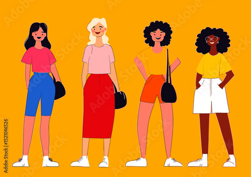Empowered Women's Unity: Four diverse, animated women in trendy attire exude confidence and solidarity against a vibrant backdrop, celebrating individuality and sisterhood.