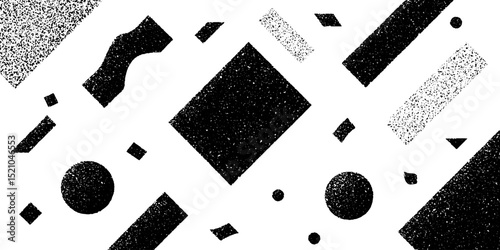 Abstract geometric composition with pixelated fragments and engraved elements