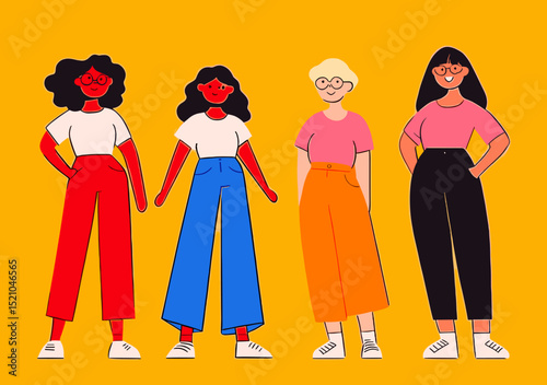Modern Ensemble of Diverse Woman: A dynamic illustration features a vibrant ensemble of four unique women. Showcasing diverse beauty and contemporary style.
