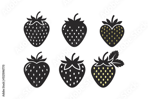 Set of strawberries, silhouettes and strawberries icons isolated on white background.