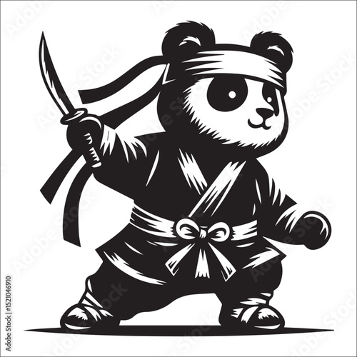 Adorable Panda Ninja Warrior in Traditional Outfit with Katana Sword, Cute Character Illustration