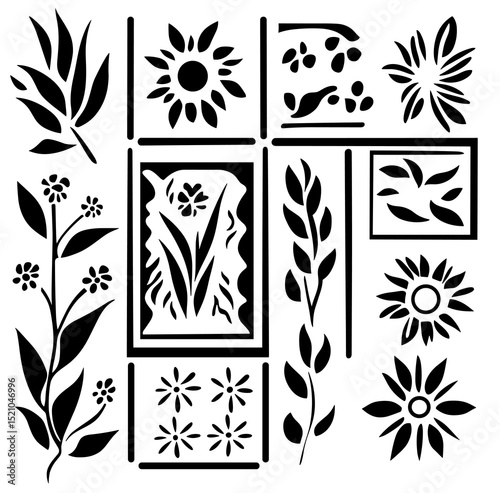 Floral Stencil Design: A collection of stylized floral and leaf motifs arranged in a grid pattern, perfect for crafting, scrapbooking, or textile design.  