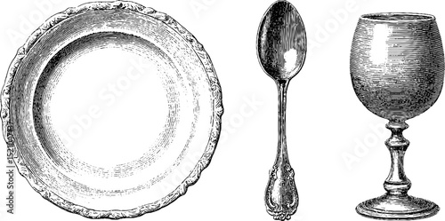 Vintage engraved illustration of plate, spoon, and goblet set for decorative design