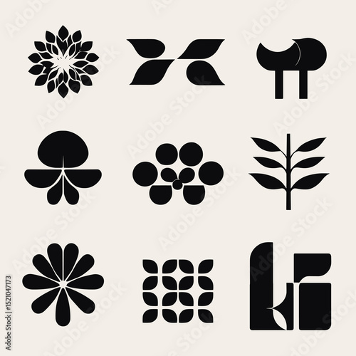 Geometric Botanical Composition: A captivating assembly of nine geometric botanical illustrations, each a unique interpretation of nature's forms.