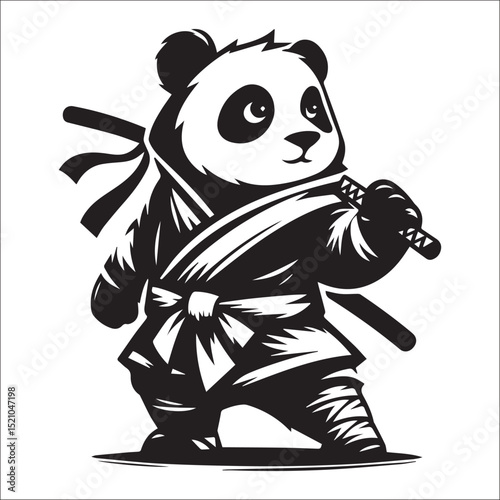 Adorable Panda Ninja Warrior in Traditional Outfit with Katana Sword, Cute Character Illustration