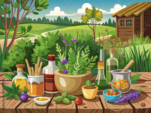 vector of Fresh herbs from the garden and different types of oils for massage and aromatherapy on rustic wooden table and rustic farm background.