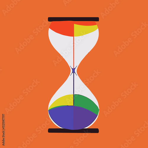 Time's Colorful Passage: An artistic and vibrant illustration of an hourglass, symbolizing the flow of time with colored sand particles that bring dynamic feeling.