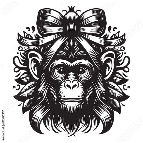 Sophisticated Monkey in a Hat Vector Illustration: A dapper primate in a top hat, perfect for vintage designs, logos, and apparel.