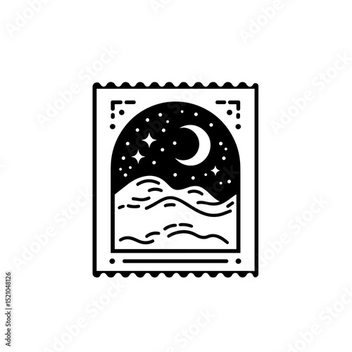 Celestial Postage: Captivating night scenery stamp with hills, the moon, and stars, evoking feelings of wonder, tranquility, and nocturnal beauty.