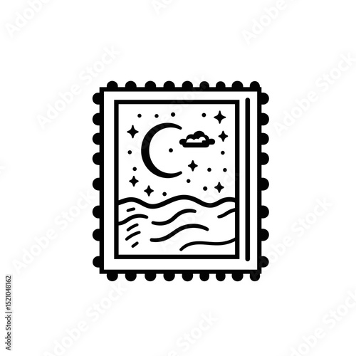 Night Stamp: A minimalistic stamp illustration depicts a serene night scene with a crescent moon, stars, and rolling waves, embodying tranquility.