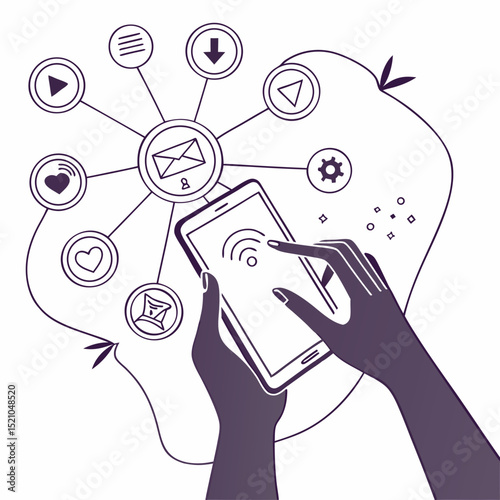 Hands holding smartphone with connected icons representing app functions and communication tools