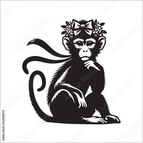 Sophisticated Monkey in a Hat Vector Illustration: A dapper primate in a top hat, perfect for vintage designs, logos, and apparel.