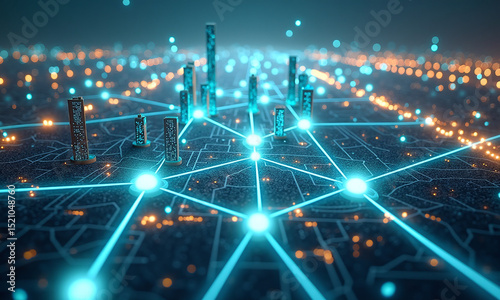 Bright blue nodes and lines form a digital network overlaying a sprawling city skyline at night.