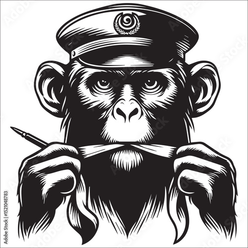 Sophisticated Monkey in a Hat Vector Illustration: A dapper primate in a top hat, perfect for vintage designs, logos, and apparel.