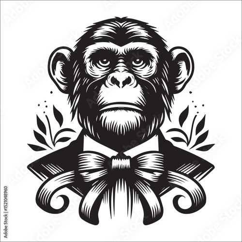 Sophisticated Monkey in a Hat Vector Illustration: A dapper primate in a top hat, perfect for vintage designs, logos, and apparel.