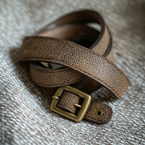 Curled vintage cracked leather book strap with brass buckle on woven cloth backdrop, side lighting highlights folds and edges, walnut brown and bronze tones, ultra-high resolution macro detail, archiv