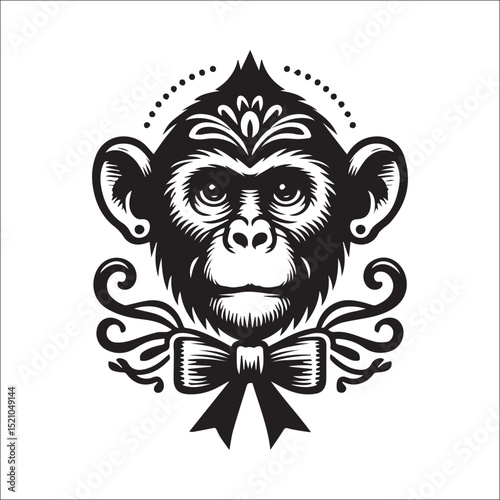 Sophisticated Monkey in a Hat Vector Illustration: A dapper primate in a top hat, perfect for vintage designs, logos, and apparel.