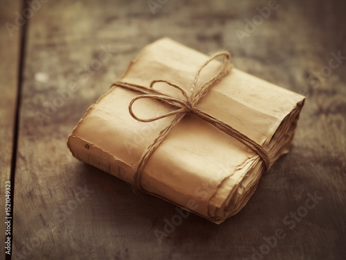 Handmade paperweight from rolled vintage book pages on warm wooden surface, side natural light, textured paper and wood grain, sustainable and nostalgic aesthetic, sepia and cream tones