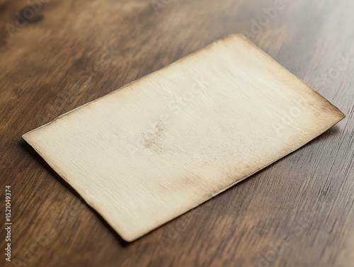 Close-up of blank vintage library checkout slip with creases and faded ink on polished oak surface, soft side daylight, subtle paper texture, clean archival mood, muted beige and warm wood tones