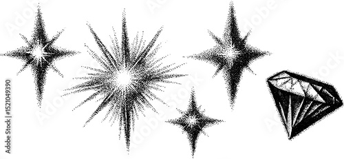 Retro mobile and globe engravings with radiant starburst and diamond motif for vintage design